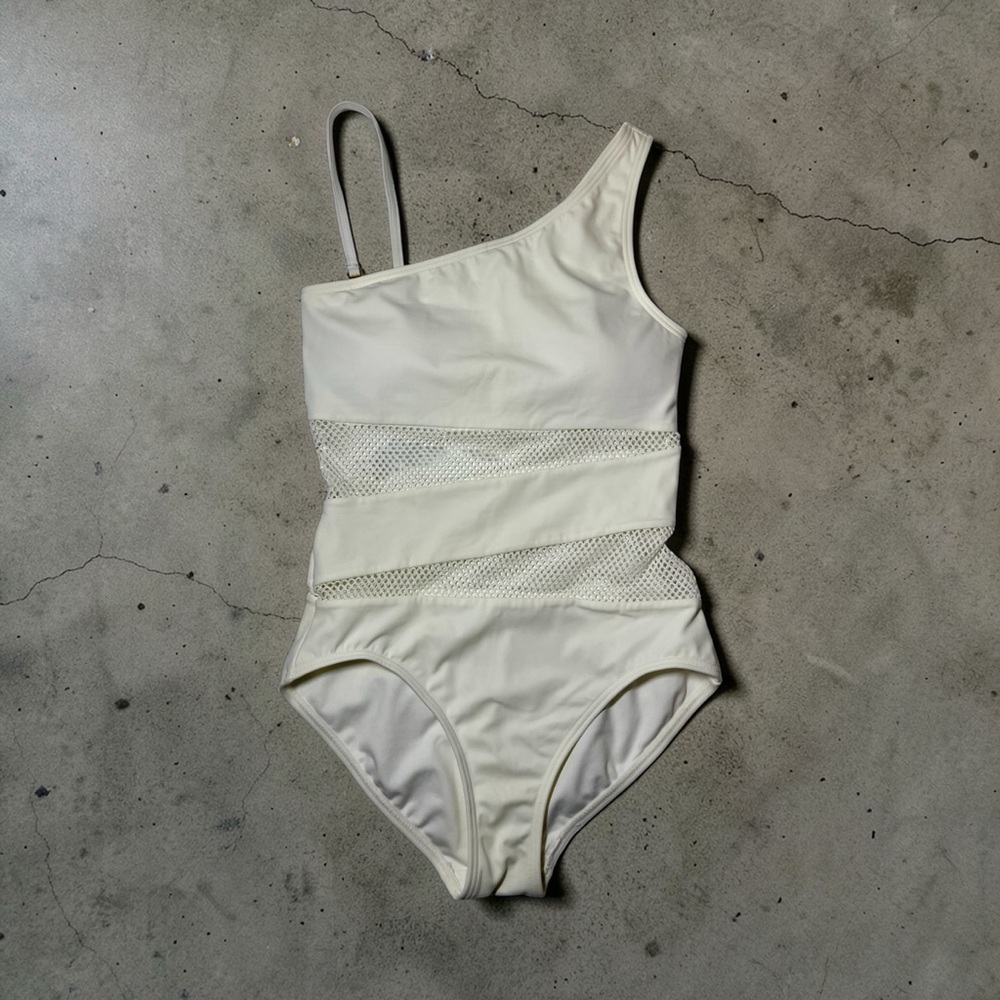 Carmen Marc Valvo White Mesh Panel One Shoulder One Piece Swimsuit 6  $102